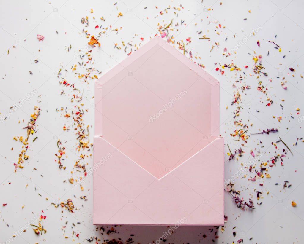big envelope with lavender leaves and petals on pink background. Above view
