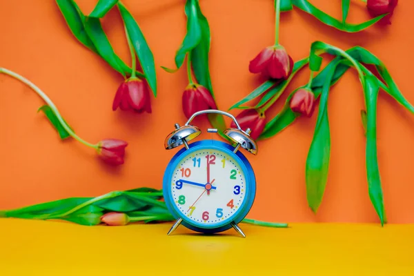 Relógio despertador e tulipas — Fotografia de Stock