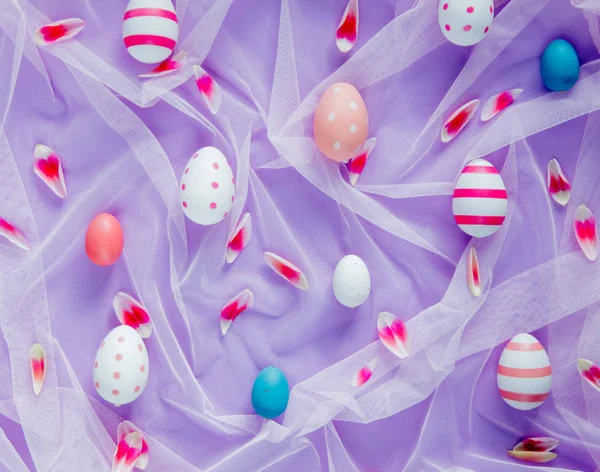 Colored Easter Eggs Pink Tulle View — Stock Photo, Image