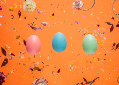 Turuncu artalan üzerinde çiçekler ve Paskalya yumurtaları ile Kuru Bellis ot