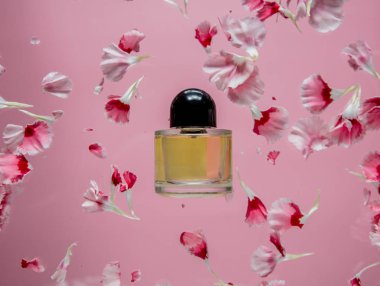 karanfil çiçek yaprakları ve parfüm şişesi