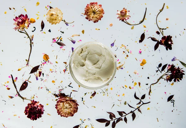 Hierba de Bellis seca con flores y crema para el cuidado de la piel sobre fondo gris —  Fotos de Stock