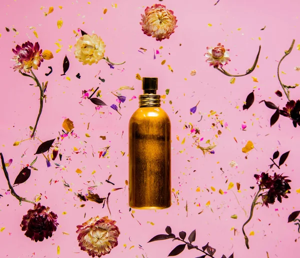 Hierba seca de Bellis con flores y frasco de perfume en rosa —  Fotos de Stock