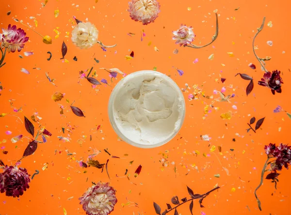 Hierba de Bellis seca con flores y crema para el cuidado de la piel en el respaldo naranja —  Fotos de Stock