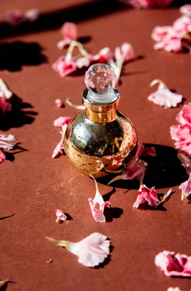 Karanfil çiçek yaprakları ve parfüm şişesi — Stok fotoğraf