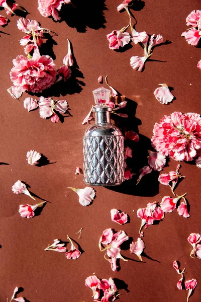 Anjer bloemblaadjes en parfum fles — Stockfoto