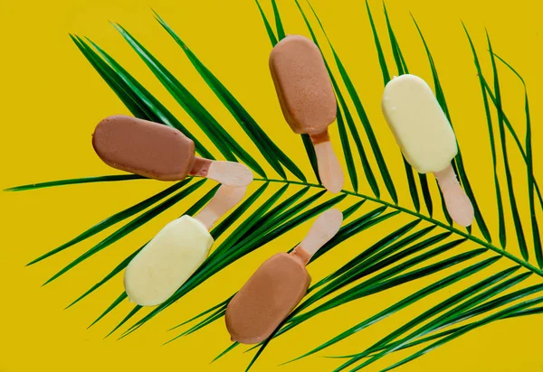 Chocolade en room ijs met palmbladeren — Stockfoto
