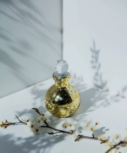 Butelka perfum i Wiśniowa gałąź — Zdjęcie stockowe