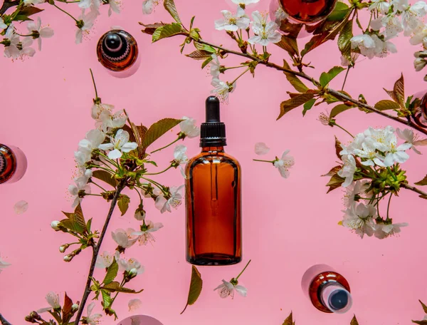 Frascos de perfume y flores de ramas de cereza — Foto de Stock