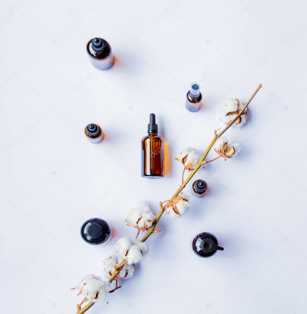 perfumer glass bottles with perfumes and cotton branch 