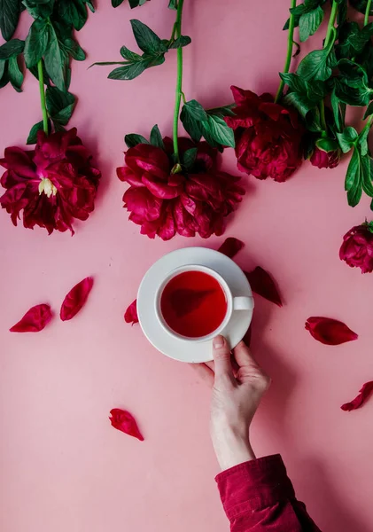 Mano femenina y taza con té cerca de flor de peonía —  Fotos de Stock