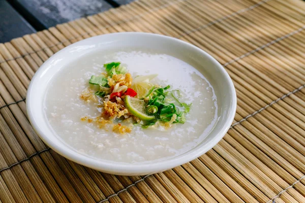 Congee Arroz Estilo Tailandês Mingau Arroz Com Condimen Ingrediente — Fotografia de Stock