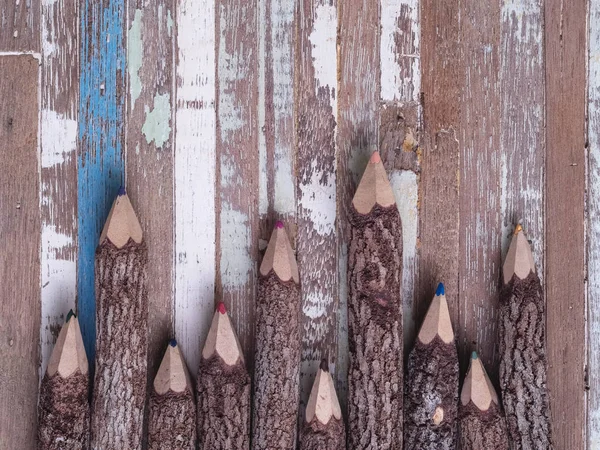Color Pencils Made Nature Wood Rusty Wooden Table Top View — Stock Photo, Image