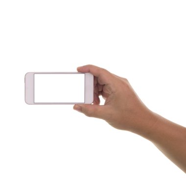 Beyaz arka plan üzerinde izole smartphone tutan adam el. beyaz ekran