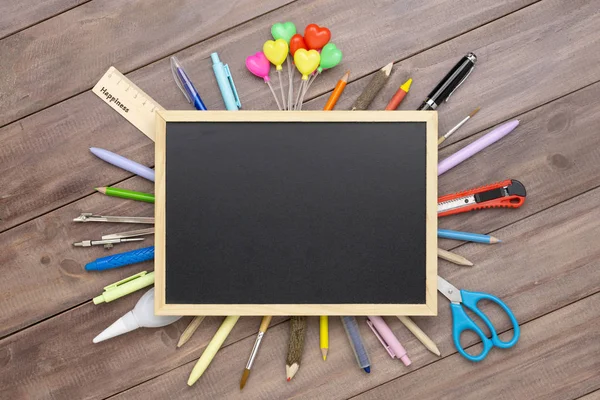 Top View Blank Chalkboard Stationery Accessories Wood Background Copy Space — Stock Photo, Image