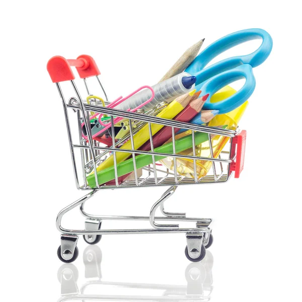 Shopping Carts School Supplies Isolated White Back School Concept Royalty Free Stock Photos