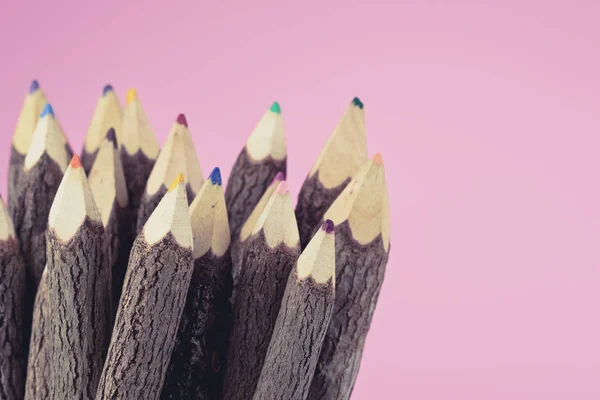 Stack Colored Pencils Pink Background Selective Focus Ready Back School — Stock Photo, Image