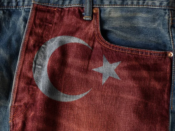 Türkiye Cumhuriyeti Bayrağı Üzerinde Kot Denim Doku Türkiye Cumhuriyeti Ulusal — Stok fotoğraf