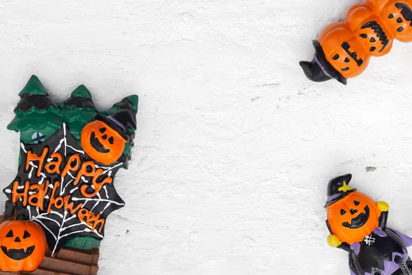 Joyeuse Fête Halloween Plat Vue Dessus Head Doll Pumpkins Hanté — Photo