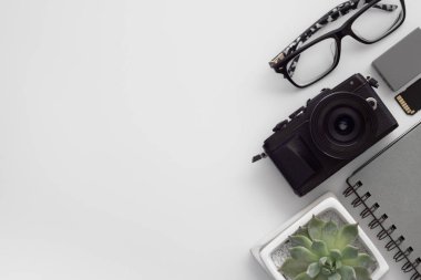Dijital fotoğraf makinesi, pil, sd kart, gözlük düz yatıyordu, defter ve yeşil saksıyı beyaz arka plan üzerinde bitki. Kamera kavramı seyahat hazırlığı.
