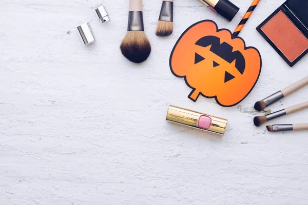 Happy Halloween Festival Met Cosmetische Mode Plat Lag Concept — Stockfoto