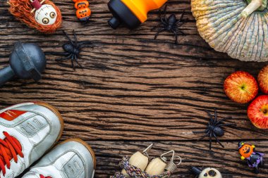 Fitness, sağlıklı yaşam arka plan kavramı çalışma ile mutlu Cadılar Bayramı günü.