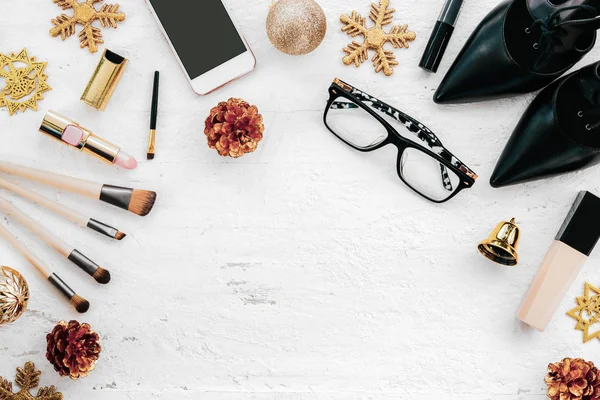 Vrolijk Kerstfeest Gelukkig Nieuwjaar Mode Concept Plat Leggen Van Vrouw — Stockfoto