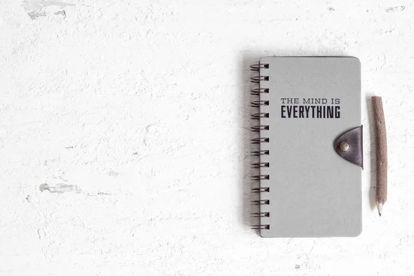 Flat Lay Closed Notebook Mind Everything Wording Grunge White Wooden — Stockfoto