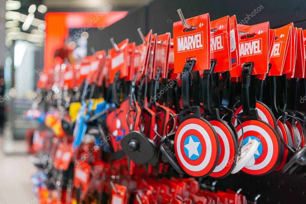 Bangkok, Thailand - August 11, 2018. - Marvel souvenirs selling at The marvel experience superstore in Bangkok Thailand.  The marvel experience superstore is a retail store for a fan of Marvel Superheroes comics.