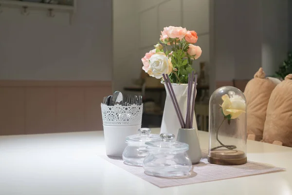 Still life of dining room. Close up of dining table decorated wi