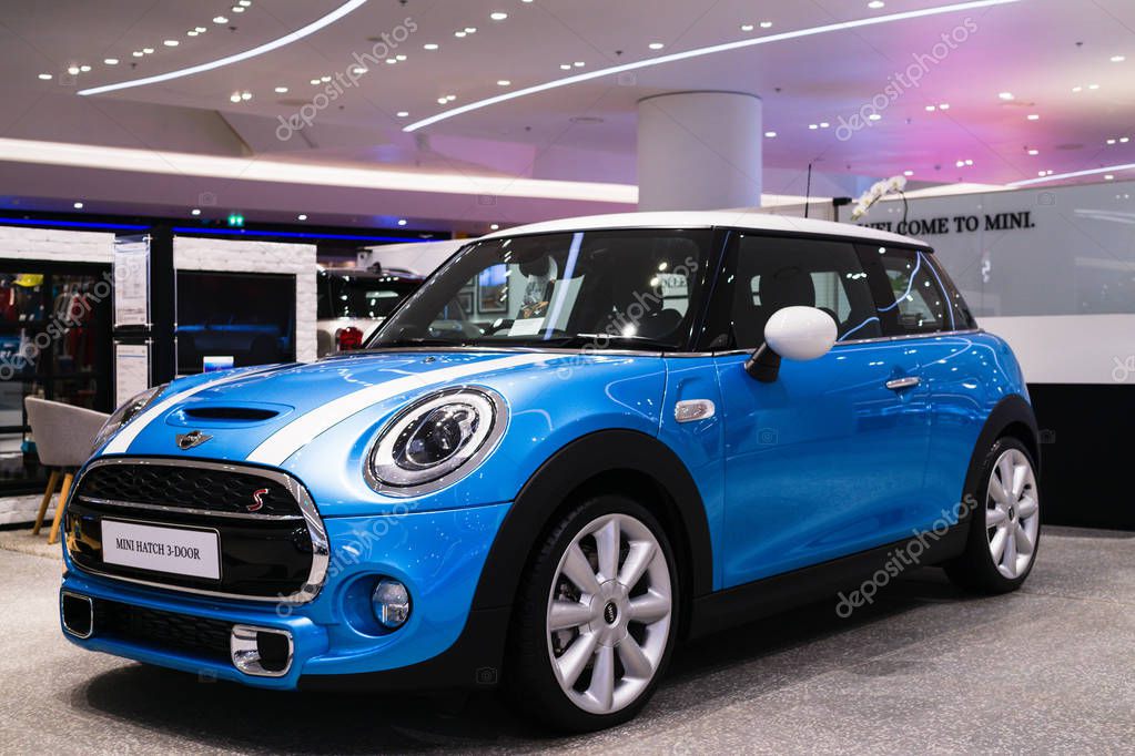 Thailand, Bangkok -28 February 2018 : Blue Mini Cooper Mini Hatch 3-Door car with white line showing in the MINI showroom at the Iconsiam Shopping Mall, Bangkok, Thailand