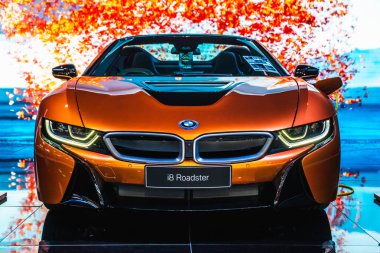 Bangkok, Thailand - March 31, 2019: BMW i8 Roadster is on displa clipart