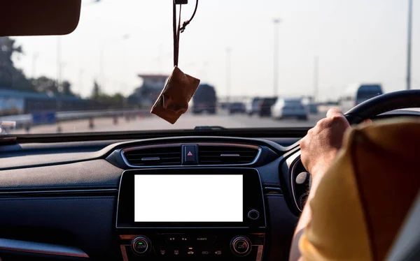 Mock up of Isolated blank screen monitor in car for your adverti