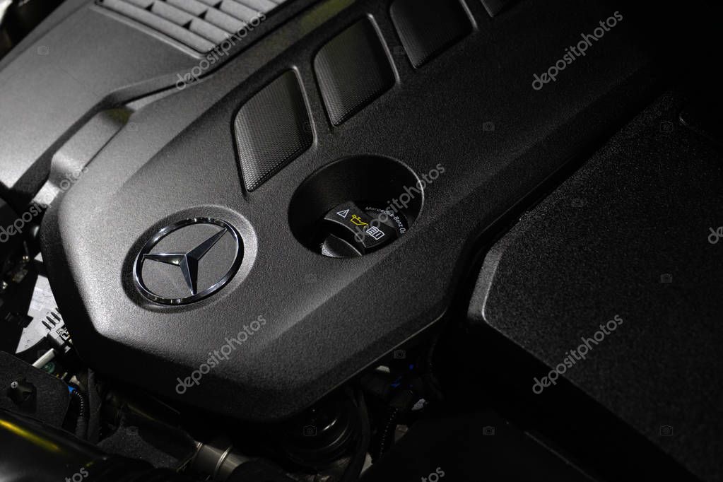 Bangkok, Thailand - March 31, 2019: Close up detailed shot of car engine of Mercedez benz
