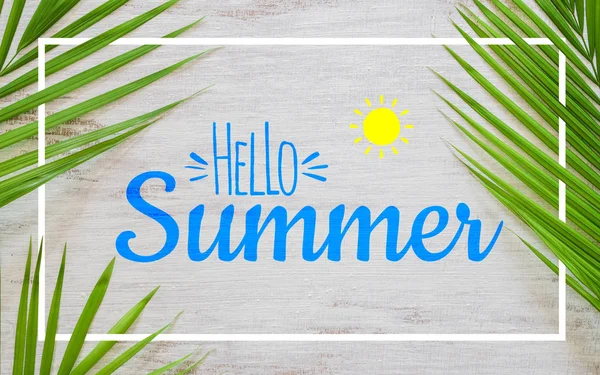 Hello summer travel vacation concept flat lay poster background