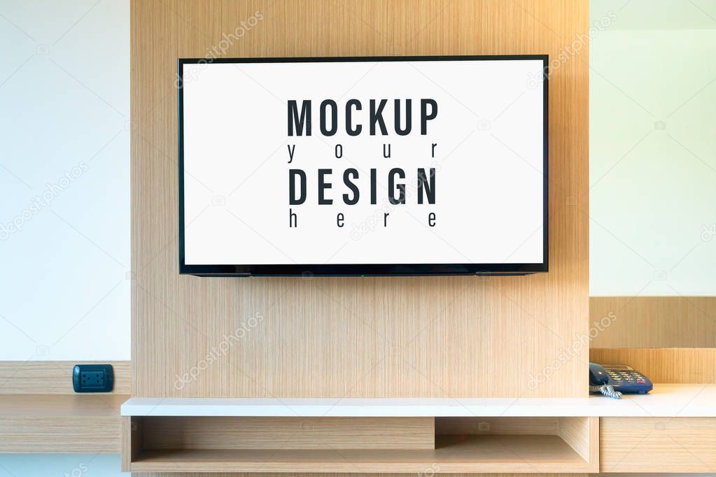 LCD TV mockup in living room. Large Widescreen LCD TV display pa