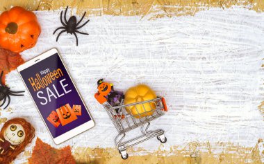 Mutlu Halloween Sale süpermarket alışveriş arka plan konsepti, s