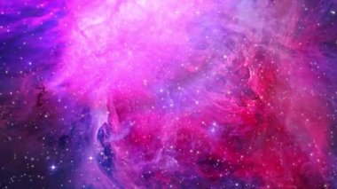 Orion Bulutsusu bölgesinde seyahat eden dış uzay galaksisini keşfediyoruz. Uzayın derinliklerine doğru uzay uçuşu. Uzay uçuşunun bir yıldız alanına 4K 3D yansıması. NASA 'nın kamusal alan resimleri ile tamamlandı. 