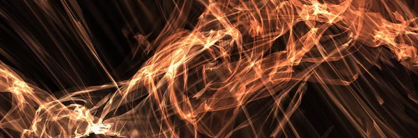 Soyut altın turuncu parlayan plazma enerjisi siyah arkaplan, panorama, üç boyutlu soyut fütüristik arkaplan oluşturma.