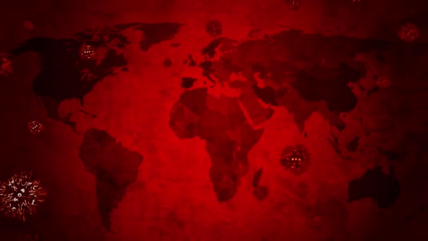背景の世界地図上に広がる赤いコロナウイルスのアニメーション 感染症を広める世界的な健康警告恐怖コロナウイルス流行 4Kシームレスループ3Dレンダリング — ストック動画