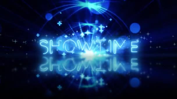 Showtime Blue Neon Text Animation Reveal Beautiful Blue Bokeh Futuristic — Vídeos de Stock