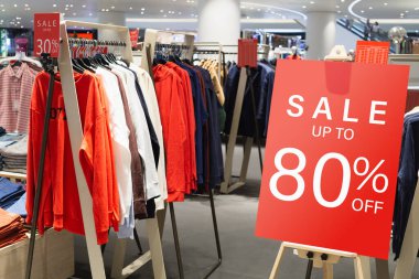 İndirimli reklam panoları mağazada satış promosyonu ve indirimli indirimli indirimli satış bilgileri için bir şablon sunuyor. Sale Banner şablon modeli. Alışveriş merkezinde indirim% 80 'e varan kırmızı tabela.
