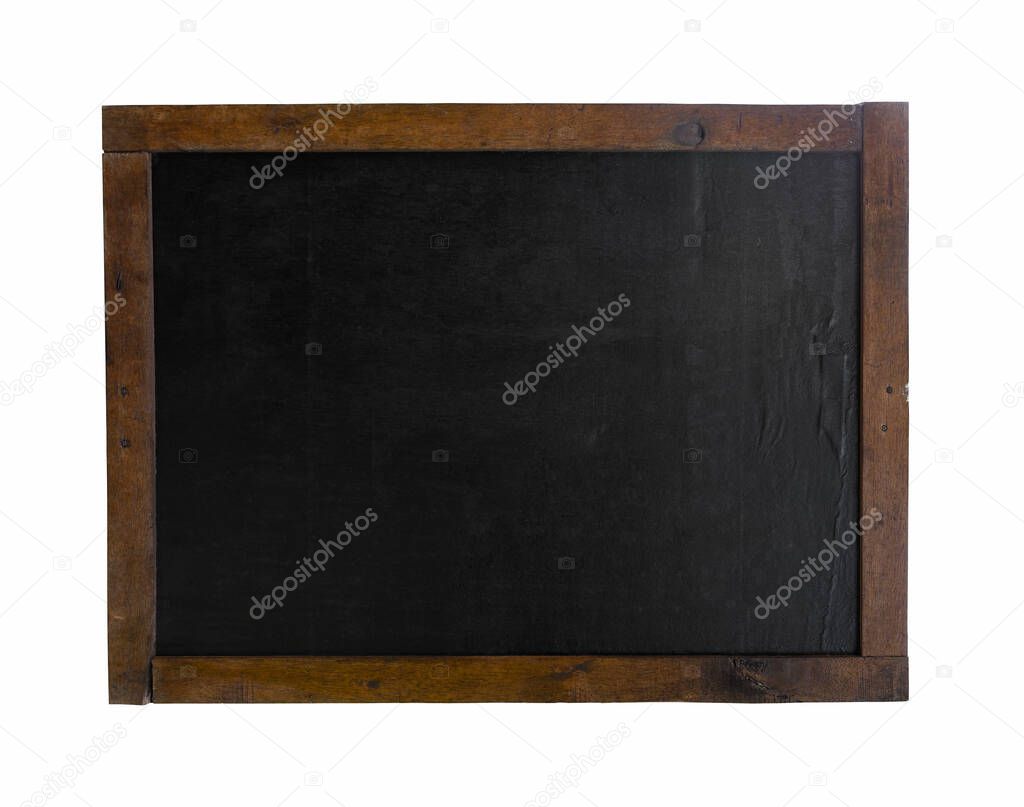Old grunge blank black chalkboard with old wood frame isolated on white background. Rustic slate with copy space.