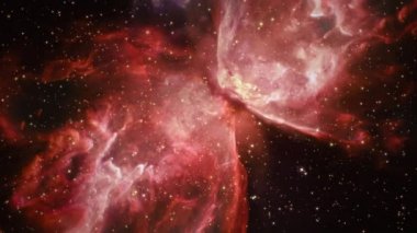 NGC 6302 'ye uçan uzay yolculuğu ayrıca Böcek Bulutsusu veya Kelebek Bulutsusu veya Caldwell 69 olarak da bilinir). Bilimsel filmler ve uzaydaki sinematik filmler için 4K hareket görüntüleri. NASA 'nın imajına dayanarak.