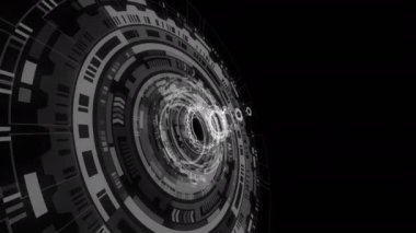 Siyah beyaz HUD elementlerinin animasyonu. Metnin için fotokopi alanı olan fütüristik teknolojik giriş ya da römork. Açılış, ünvan ve yenilik teknolojisi için 4K 3D bilim kurgu.