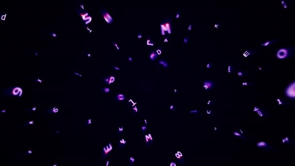 alphabet anglais volant sur fond noir. Composition abstraite mouvement typographique boucle sans couture fond animé 4K rendu 3D caractères pourpres roses des alphabets.