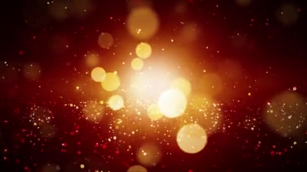 Abstract feestelijke beweging achtergrond glanzend goud bokeh. Glinsterende sprankelende glitters deeltjes met bokeh en flare licht. — Stockvideo