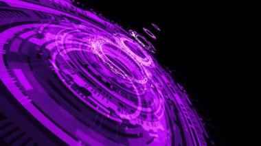 Soyut mor menekşe bilimi teknolojisi HUD daire arayüzleri, dikişsiz döngü arkaplanı, yüksek teknoloji fütüristik hologram görüntüsü. 4K 3D Yüksek Teknoloji Konsepti Döngülendi. Modern siber alan yeniliği.