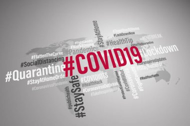 COVID19 dünya hashtag 3 boyutlu illüstrasyon kelime bulut arkaplan kavramı. Dünya haritasında COVID 19 ve Coronavirus etiketi bulutu var. Soyut kavram Corona virüs hastalığı.