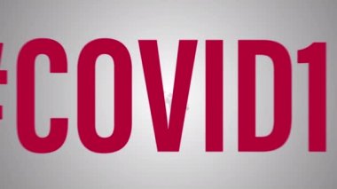 COVID19 dünya hashtag 'i kelime bulut hareketi arka plan kavramı. 4K 3D görüntüleme COVID 19 ve Coronavirus etiketleme bulutu gri dünya haritası arka planında. Soyut kavram Corona virüs geçmişi. 
